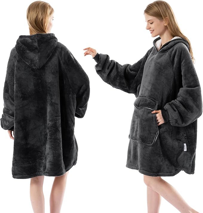 Krifey Wearable Blanket Hoodie, Oversized Sherpa Fleece Sweatshirt with Giant Pocket, Birthday Gifts for Women, Mom, Sister, Dark Gray