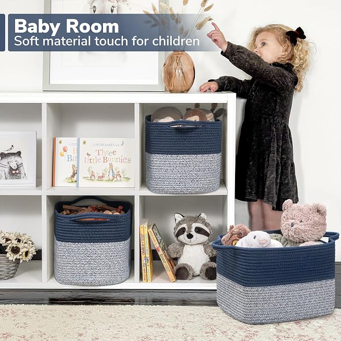 Goodpick Woven Storage Basket for Shelves, 13" x 10" x 9", Blue | Decorative Gift Basket for Nursery & Bedroom Organization, Cotton Rope Baskets for Books, Toys & Towels, Reinforced Handles