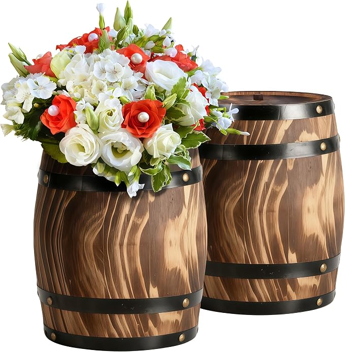 2Pcs Ippoulas Wooden Wine Barrel Planters 8" x 6.5" - Set of Rustic Wood Vases for Flowers, Centerpieces Decor | Wine Barrel Wedding, Party, Home Decoration