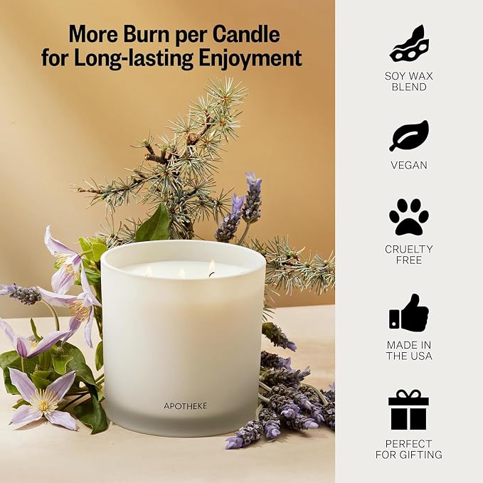 Apotheke 3-Wick Scented Candles for Home, Hinoki Lavender - 26 oz Soy Wax Jar Candle Gift for Women - Long-Lasting Fragrance with Perfume-Grade Essential Oils - Lavender, Lotus Flower, Hinoki Cypress