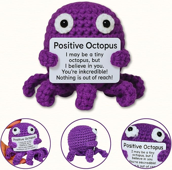 Positive Octopus - Emotional Support Crochet Dolls, Positive Crochet Animals, Emotional Support Plush Gift, Stuffed Animal for Anxiety & Stress Relief