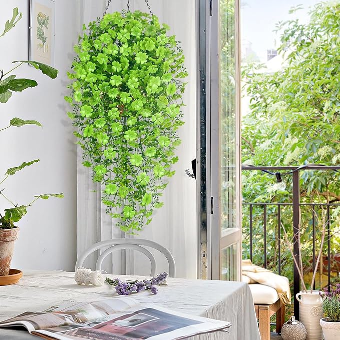 Waipfaru Artificial Hanging Plants, 4Pcs Faux Ivy Four-Leaf Clover | Vines Greenery for Wall Home Bedroom Living Room Aesthetic Kitchen Office Aesthetic Kitchen Indoor Outdoor Decor