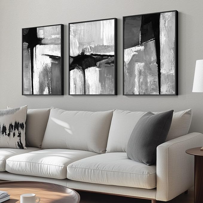 Framed Black and White Gray Modern Abstract Wall Art, Set of 3 Piece Big Canvas Paintings Artwork for Walls, Minimalist Art Prints Pictures for Living Room Hallway Bedroom Office Wall Decor 16x24 Inch