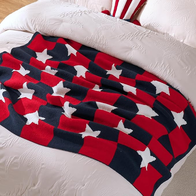 Patriotic Ultra Soft Knit Chenille Throw Blanket - Red White Blue Stars American Flag Pattern Cozy Blankets for Couch, 4th of July Memorial Independence Day Gifts, 50"x60", Red&Blue