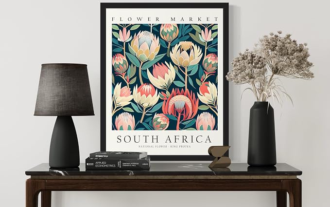 South Africa, King Protea Black Framed Art Print Poster, Flower Market Wall Art, Floral Artwork Decor for Bedroom, Kitchen, Bathroom, Livingroom Decoration 52 (South Africa, King Protea, 10"L x 8"W, Black Frame)