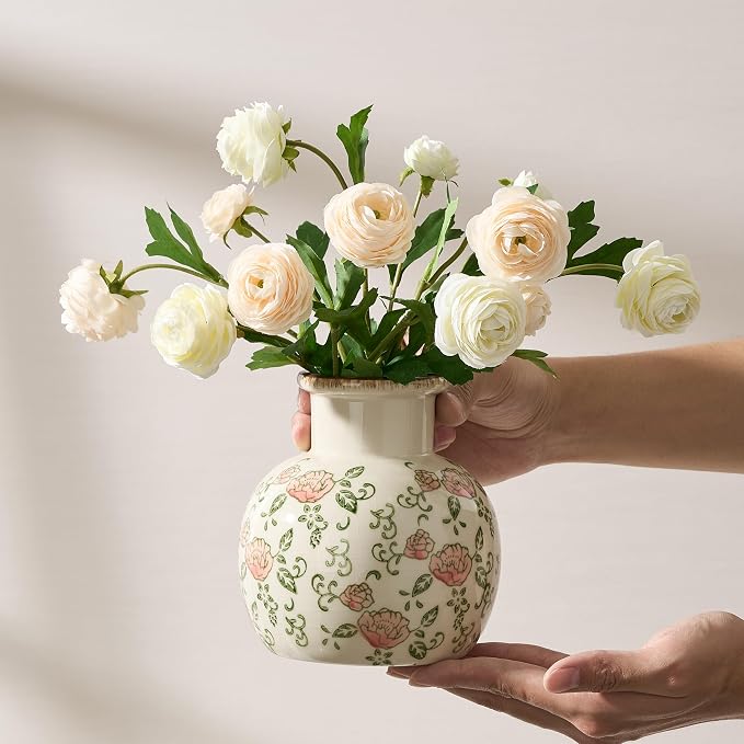 SIDUCAL Ceramic Vintage Vase, 5.91 Inch Retro Ice Cracked Chinoiserie Floral Vase, Rustic Farmhouse Vases for Home Decor, Bookshelf, Garden, Chinoiserie Decor, Tuscan Decor, Red Rose Pattern