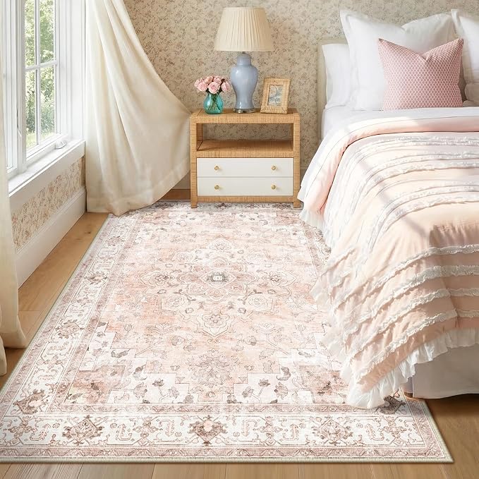 CAPALOCA 5x7 Washable Nursery Girls Low Pile Area Rug Pink | Non-Slip Soft Rugs for Bedroom Kids Playroom Living Room, Print Pattern Water Repellent Carpet Indoor Decor