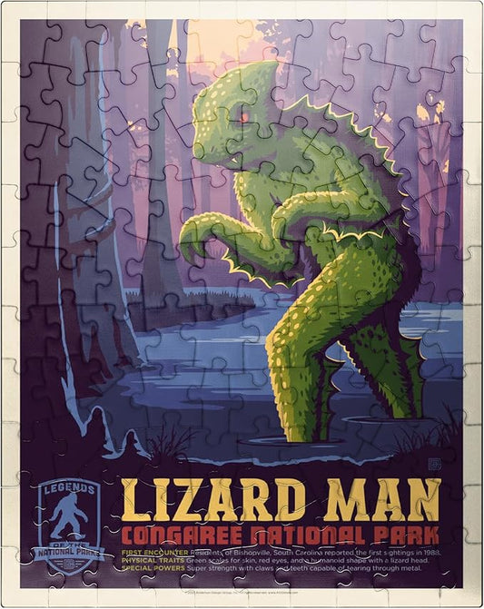 MyPuzzle Legends of The National Parks: Congaree's Lizard Man, Vintage Poster - Premium 100 Piece Jigsaw Puzzle for Adults