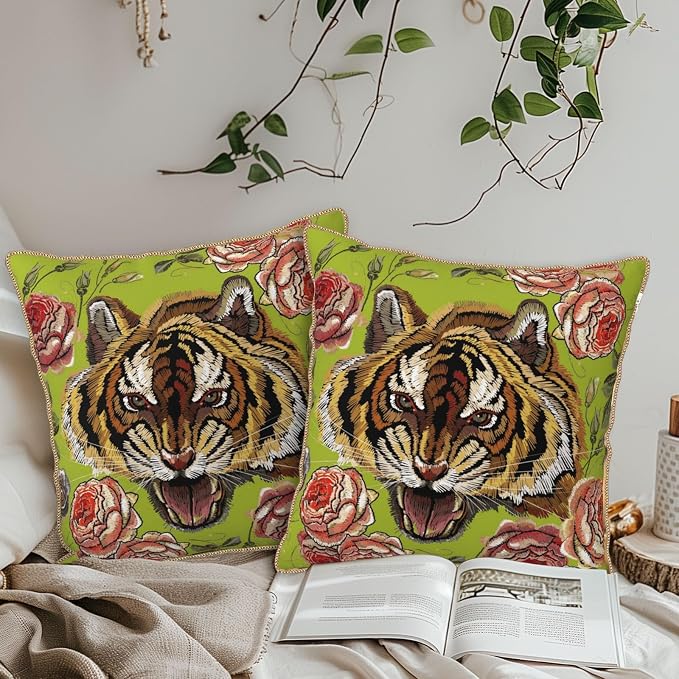 Tiger Flower Green Velvet Pillow Covers 16x16 Inch Pink Floral Animal Throw Pillows for Couch Cushion Covers Pillowcase Farmhouse Modern Pillow Cases for Sofa Bed Living Room Bedroom