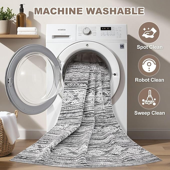 Nakagishi Boho 5x7 Area Rug Living Room Rugs Machine Washable Black White | Soft, Pet & Kid Friendly, Carpet for Living Room/Bedroom/Office/Kitchen/Nursery, Daily Home Decor Stain Resistant Moroccan