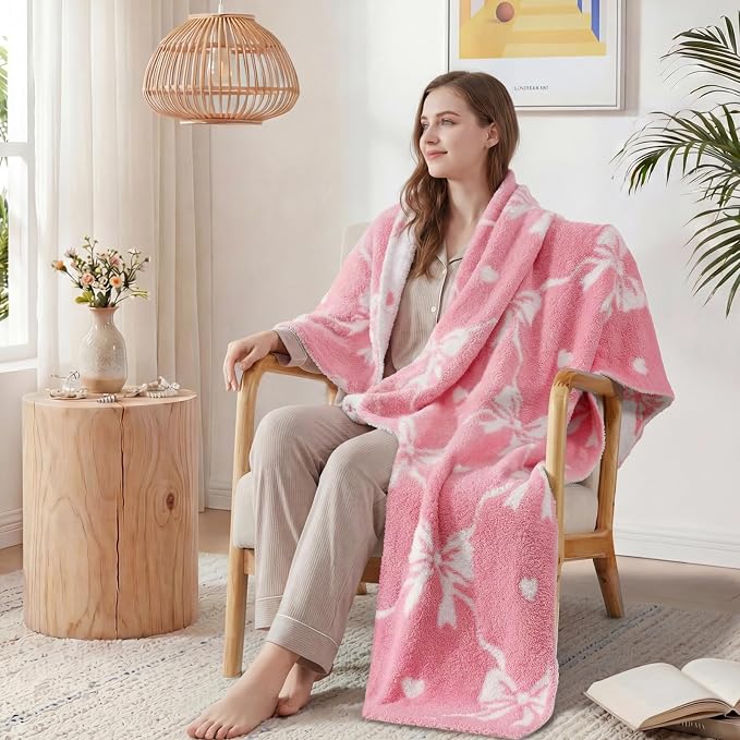 Soft Throw Blanket for Couch-Cozy Reversible Knitted Blankets | Lightweight Warm Fluffy Decor for Women, Mom, Her & Girls, Sofa, Chair, Bed, 50x60in, Diamond Bowknot Pink
