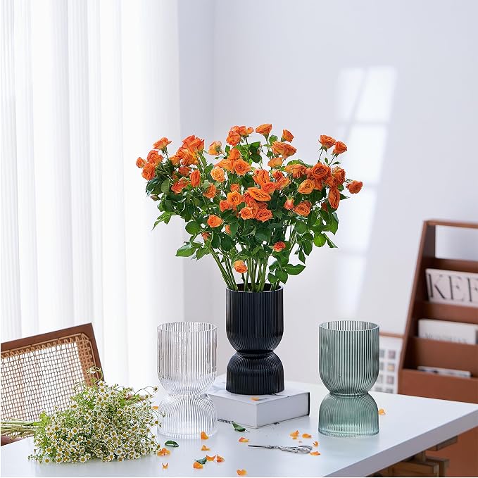 7.5 inch Vase for Flowers, Clear Ribbed Thickened Glass Vases, Hourglass Bud Flower Vase for Bookshelf, Dinner Table, Indoor Office Desktop, Meeting Room, Bathroom, Home Decor, Christmas Decoration