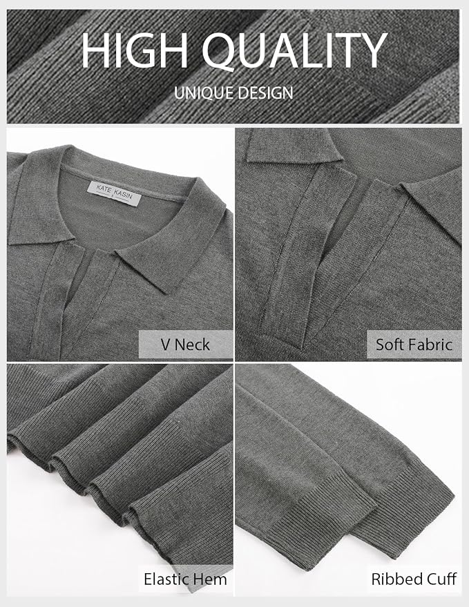 Women's Long Sleeve Classic V Neck Casual Fall Winter Polo Sweater Tops | Basic Collared Knitted Fashion Work Business Formal Daily Wear Versatile Pullover Shirts
