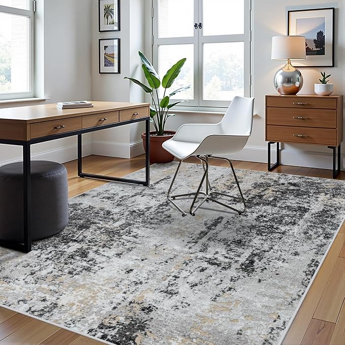 5x8 Area Rugs for Living Room Rug Washable: Abstract Rug for Dining Room Bedroom Carpet Non Slip 5 by 8 Indoor Modern Nursery Home Office Black Grey Gold