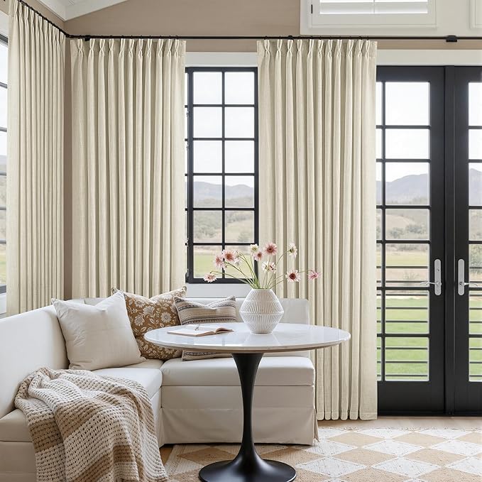 Pinch Pleated Extra Wide Beige Linen Curtain 92 Inches Long 70 Wide 1 Panel | for Patio Sliding Door Living Room, Pinch Pleat with Hooks Rings, Room Divider, Light Filtering Semi Sheer Privacy W70xL92