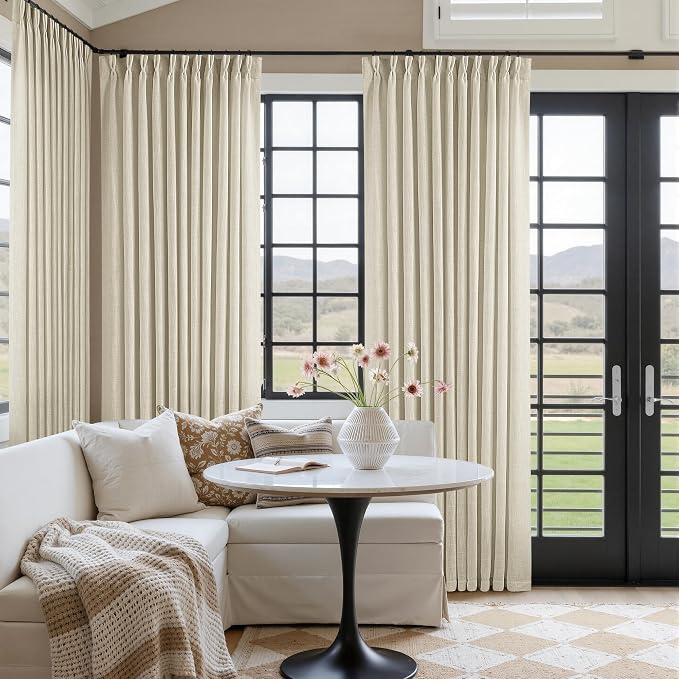 Pinch Pleat Extra Wide Beige Linen Curtain 108 Inches Long 70 Wide 1 Panel | for Patio Sliding Door Living Room, Pinch Pleat with Hooks Rings, Room Divider, Light Filtering Semi Sheer Privacy W70xL108