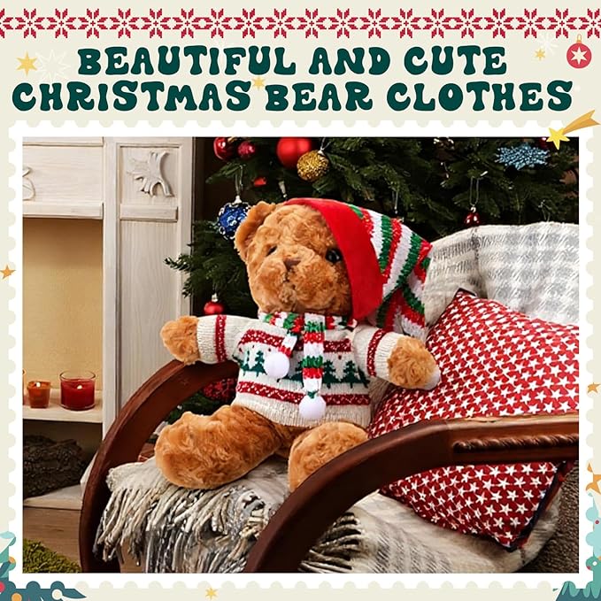 Set of 3 Christmas Bear Clothes Christmas Tree Sweater Hat Scarf Fits 12-16 Inch Bear Stuffed Animal, Stuffed Animal is Not Included(Cute Style)