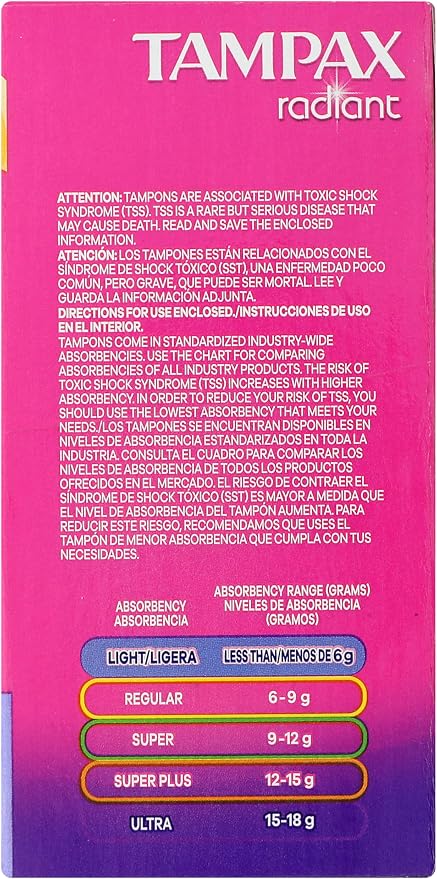 Tampax Radiant Tampons, with LeakGuard Braid, Light Absorbency, Up to 100% Leak and Odor Free Protection, Unscented, 84 Count (3 Packs of 28)