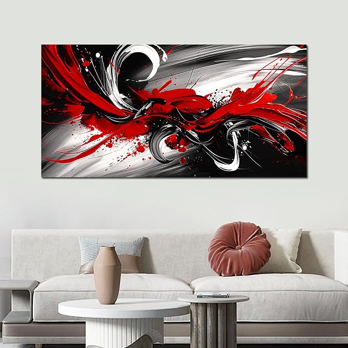 Black and White Red Large Canvas Wall Art for Living Room Framed Print Picture Painting Bedroom Office Wall Decor Modern Room Abstract Wall Decorations Artwork Size 24x48 Ready to Hang