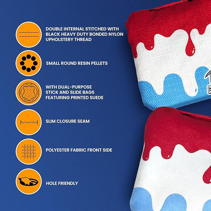 Cornhole365 - Stick & Slide - Professional Corn Hole Bag - Heavy-Duty Double-Stitched Polyester Fabric & Resin Filling for All-Weather - Versatile Regulation Size Cornhole Bean Bags - Set of 8