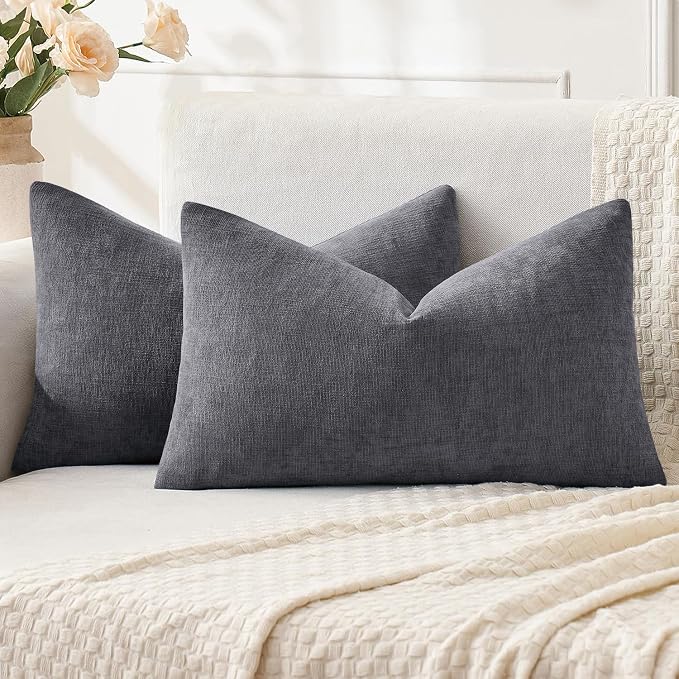 MIULEE Grey Chenille Couch Lumbar Throw Pillow Covers, 12x20 | Set of 2, Soft Farmhouse Modern Home Decor, Decorative Pillowcases for Sofa Living Room Bed