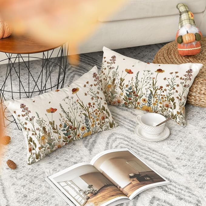 AVOIN colorlife Fall Flowers Throw Pillow Covers 12x20 Inch Set of 2 | Seasonal Autumn Thanksgiving Harvest Decoration for Sofa Couch Farmhouse Living Room Decor