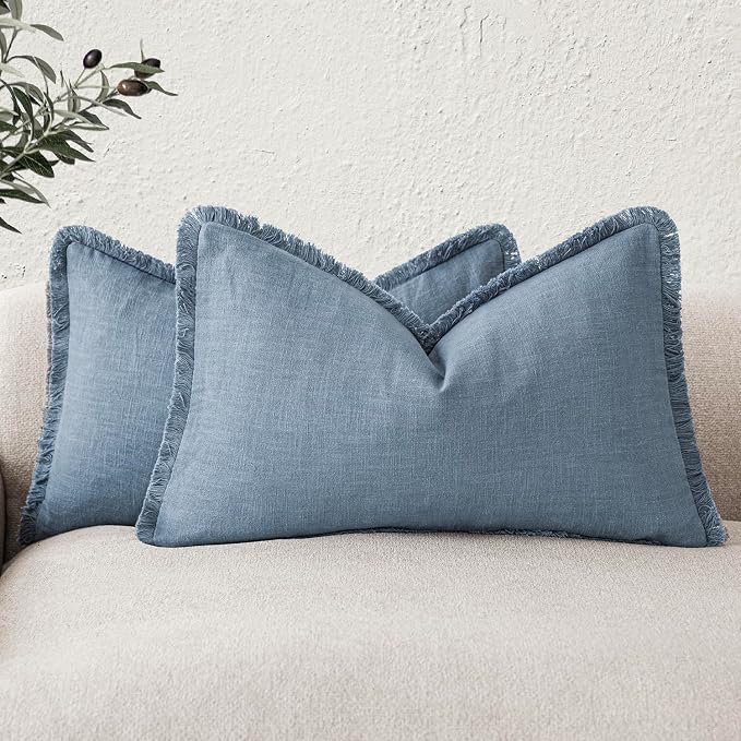 Foindtower Set of 2 Decorative Linen Fringe Lumbar Throw Pillow Covers Boho Farmhouse Cushion Cover with Tassels Soft Accent Pillowcase for Couch Sofa Bed Living Room Home Decor,12×20 Inch,Misty Blue