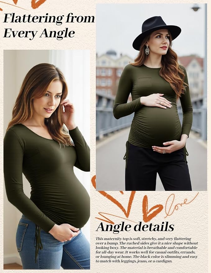Fotociti Maternity Shirts Long Sleeve, Pregnancy Side Ruched Tops,Women’s Clothes for Mama Work Casual Yoga Wearing