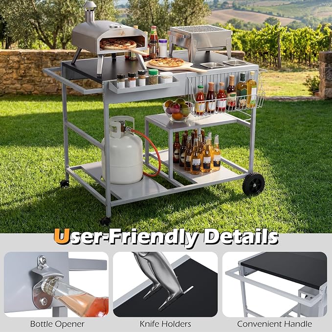 HAPPYGRILL Outdoor Grill Cart with Lockable Wheels & Garbage Bag Holder | Movable BBQ Pizza Oven Stand with Removable Hooks, Portable Cooking Prep Table for BBQ Party