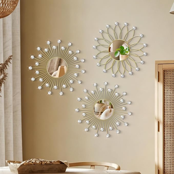3 Pack Metal Mirrors for Wall Sunburst Wall Mirrors Home Décor Decorative Hanging Wall Art for Living Room Bedroom Entryway (Gold2 Crystal, Flower+Sunburst)