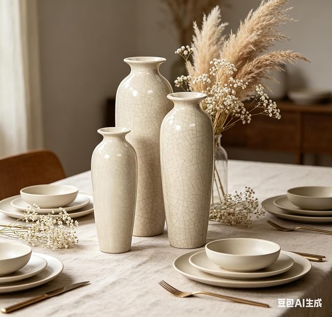 Hosley Set of 3 Crackle Ivory Ceramic Vases. Ideal Gift for Floral Arrangements Wedding or Special Occasions for Use in Home Office Decor Spa Aromatherapy Settings