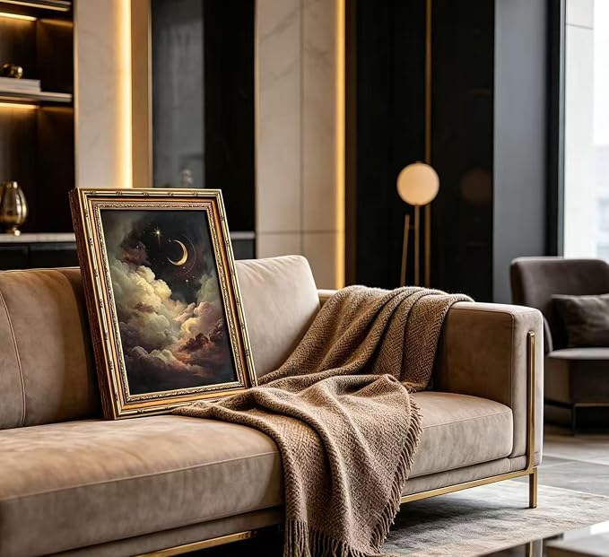 Vintage Gold Framed Celestial Wall Art, Moody Moon and Stars Gothic Painting Canvas Print, Dark Academia Wall Decor,Mystical Celestial Poster Artwork, for Living Room Bedroom Bathroom