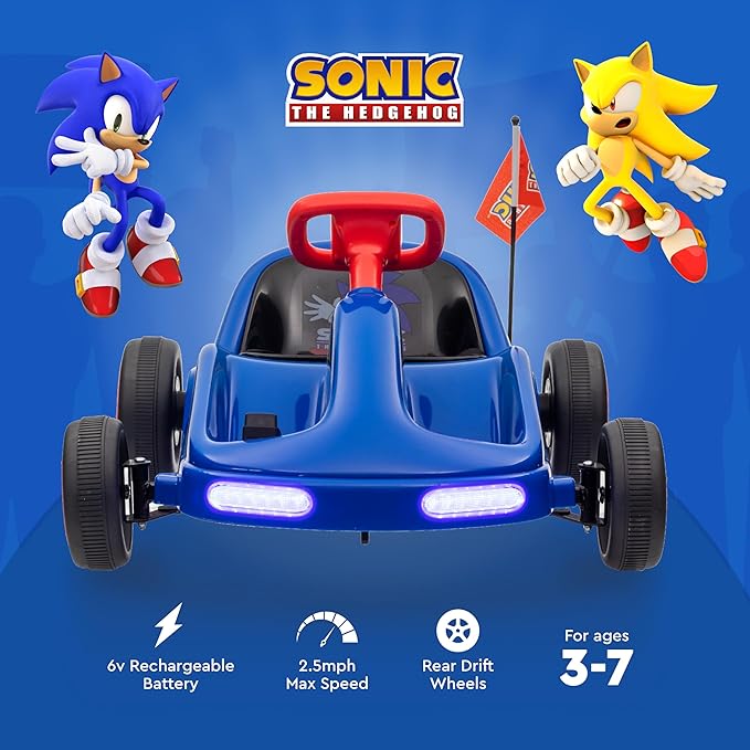 Sonic The Hedgehog 6V Electric Go Kart for Kids, Electric Ride-On Toy with Lights, MP3 Jack, Remote Control, Seat Belt, Ages 3-6, Durable PVC and Iron Construction, Rechargeable Battery