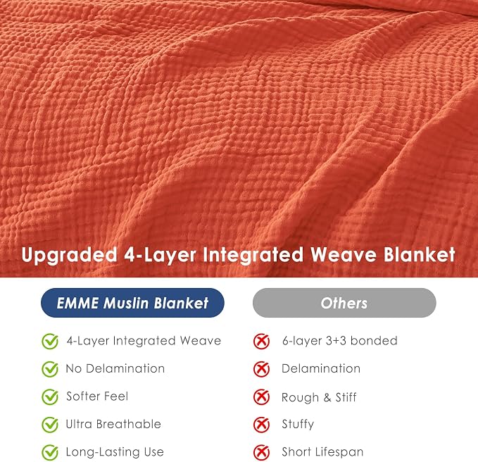 EMME Cotton Muslin Twin XL Blanket Breathable Gauze Soft Lightweight Adults Gifts for Women (Heather Orange Rust, 66"x90")