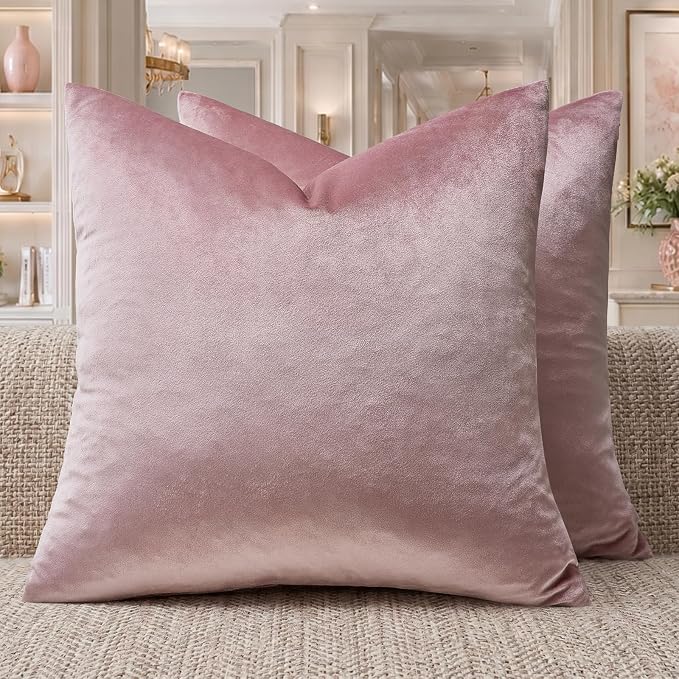 GIGIZAZA Sweet Lilac Velvet Throw Pillow Covers 18x18 Pack of 2 | Decorative Pink Pillows for Couch Sofa,280gsm Soft Textured Fabric,Modern Square Pillowcases,Luxury Cushion Covers
