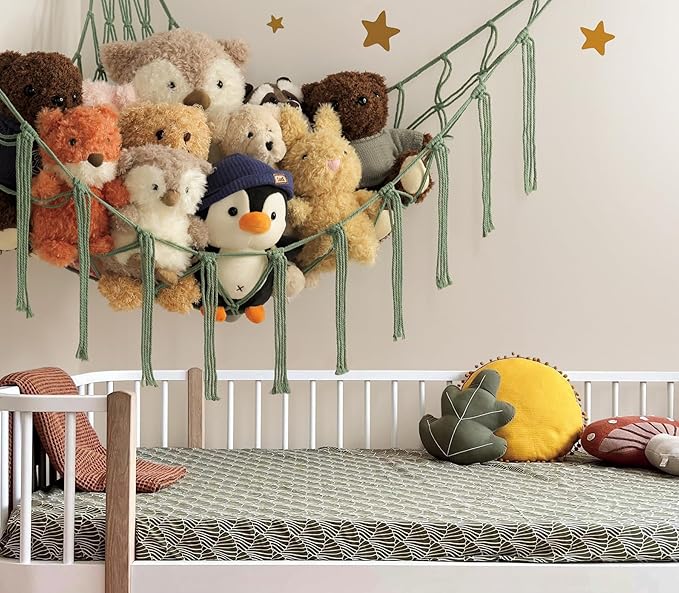 Stuffed Animal Hammock-Large Stuffed Animal Net For Toys Corner-Hanging Stuff Animal Toy Storage Organizer For Plush Plushie Display Yellow Girl Room Bedroom Boho Nursery Decor Toy Storage