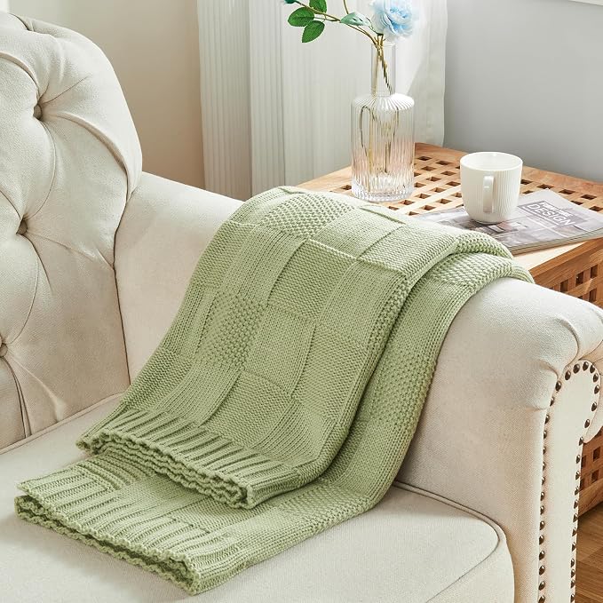 CozeCube Sage Green Knitted Checkered Throw Blanket 50"X60" | Check Knit Throw for Couch, Decorative Christmas Soft Cozy Warm Blanket for Bed Sofa Living Room