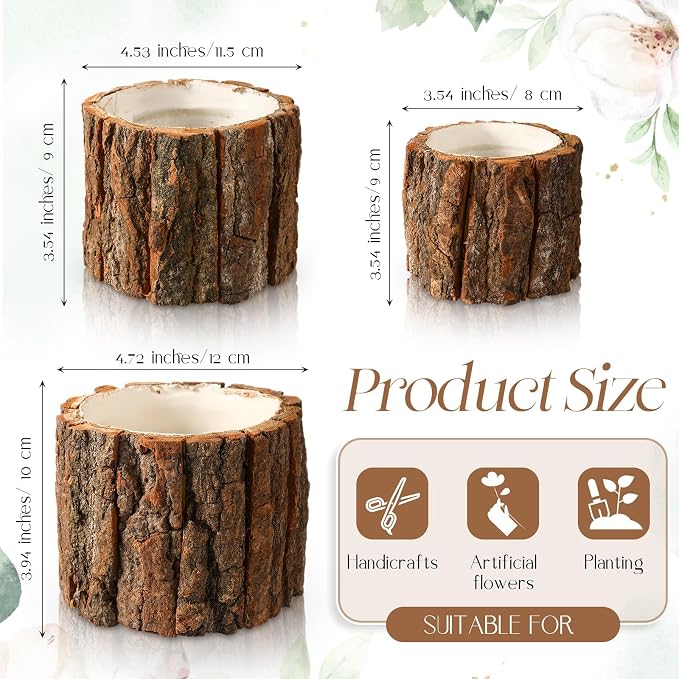 3 Pcs Wooden Vase for Centerpieces Wedding Flower Table Centerpieces Woodland Party Decor Rustic Farmhouse Bark Stump Buckets Vintage Planter Pots for Garden Baby Shower Window Home (L+m+s)