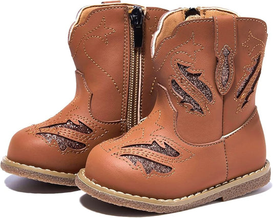 Newsonet Baby Cowboy Cowgirl Boots Infant Western Boots Toddler Boys Girls Round Toe Riding Mid Calf Boots All Seasons for 6 9 12 18 24 Months