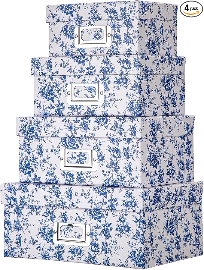 Briful Blue White Floral Nested Decorative Storage Boxes with Lids | 4Pcs Vanity Desktop Organizer Bin, Cardboard Photo Boxes Storage for Makeup, Office Supplies, Entryway Shelf Decor, Gift Box