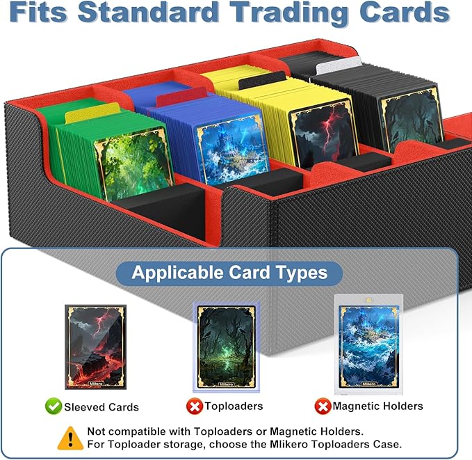 Mlikero Card Deck Case, 2400+ Trading Card Storage Box with 10 Colorful Dividers and 4 Foam Stoppers, Leather Magnetic Closure Commander Deck Box Fit for MTG, TCG (4 Rows, Black&Red)