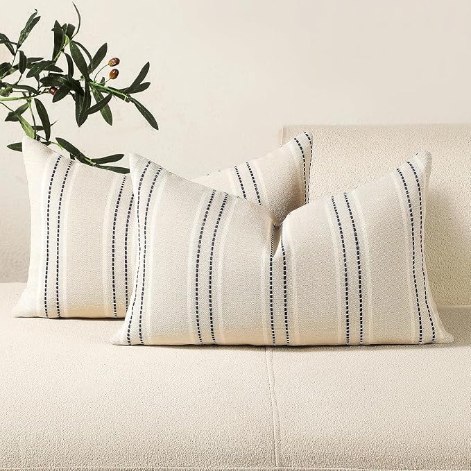 Hckot Stripe Throw Pillow Covers 12x24 Lumbar Navy Blue Pillow Covers | Farmhouse Decorative Pillows Textured Cushion Covers for Sofa Couch Bed Living Room Decor