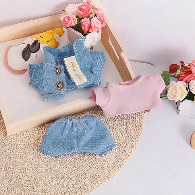 CALEMBOU Plush Doll Clothes, Cute Plush Dolll Clothes Suit for 6 Inches 10cm Plush Doll, Kawaii Doll Clothes Accessories Set for Birthday Gifts (Light Blue Cardigan Dress Set)