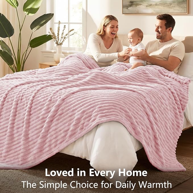 Pink Blankets Queen Size for Bed, 90 x 90 Inch | 300GSM Ribbed Fleece Blanket, Soft, Cozy & Lightweight, OEKO-TEX Certified, All-Season for Bedrooms, Guest Rooms & Gifting