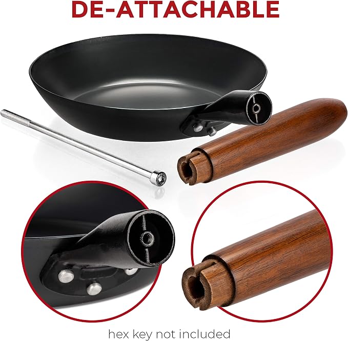 YOSUKATA 7.9" Carbon Steel Frying Pan – Non-Toxic Pre-Seasoned Skillet with Removable Wooden Handle – Coating-Free Wok-Style Pan for Gas, Induction, Electric, Oven & Grill BBQ