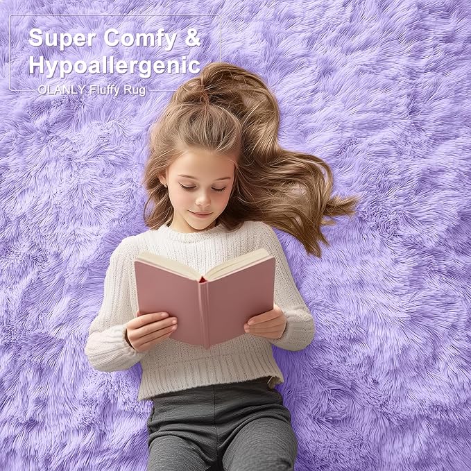OLANLY 9x12 Machine Washable Large Area Rugs for Living Room, Bedroom, Soft Fluffy Shaggy Bedside Rug, Indoor Floor Carpet for Kids Girls and Boys, Dorms, Nursery, Home Decor Aesthetic, Light Purple