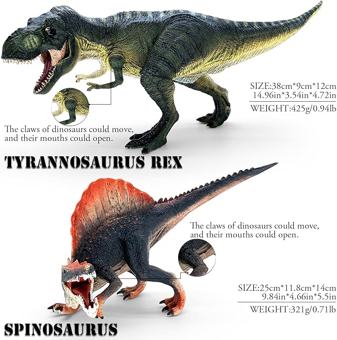 Realistic 15" Large Tyrannosaurus Rex & Spinosaurus Dinosaur Action Figures with Movable Jaws – Gift for Birthdays, Collectibles, Cake Toppers, Party Decor & Room Decor for Kids Ages 3-12 (2 PCS)