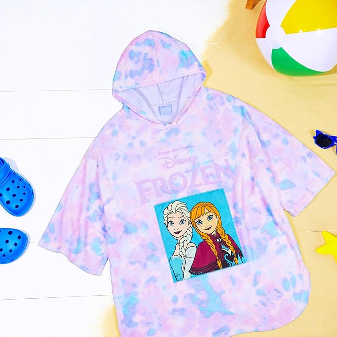 Disney Stitch Bath Towel with Hood for Kids Teenagers Absorbent Cozy Poncho Hooded Beach Towel Wrap for Beach Pool Swimming Bath Vacation Essentials (Purple/Blue Frozen, 5-9 Years)