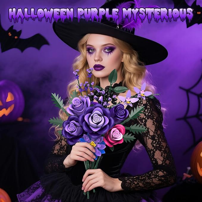 Purple Roses Flower Bouquet Building Sets, 834PCS Artificial Flowers Building Blocks, Gothic Decor Halloween Decor Botanical Collection for Adults Women, Gifts for Halloween Christmas Valentines Day