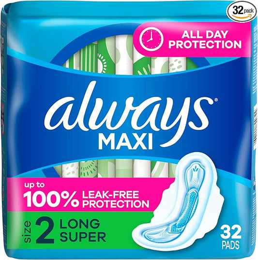 Always Maxi Feminine Pads for Women, Size 2 Long Super Absorbency, with Wings Unscented, 32 Count